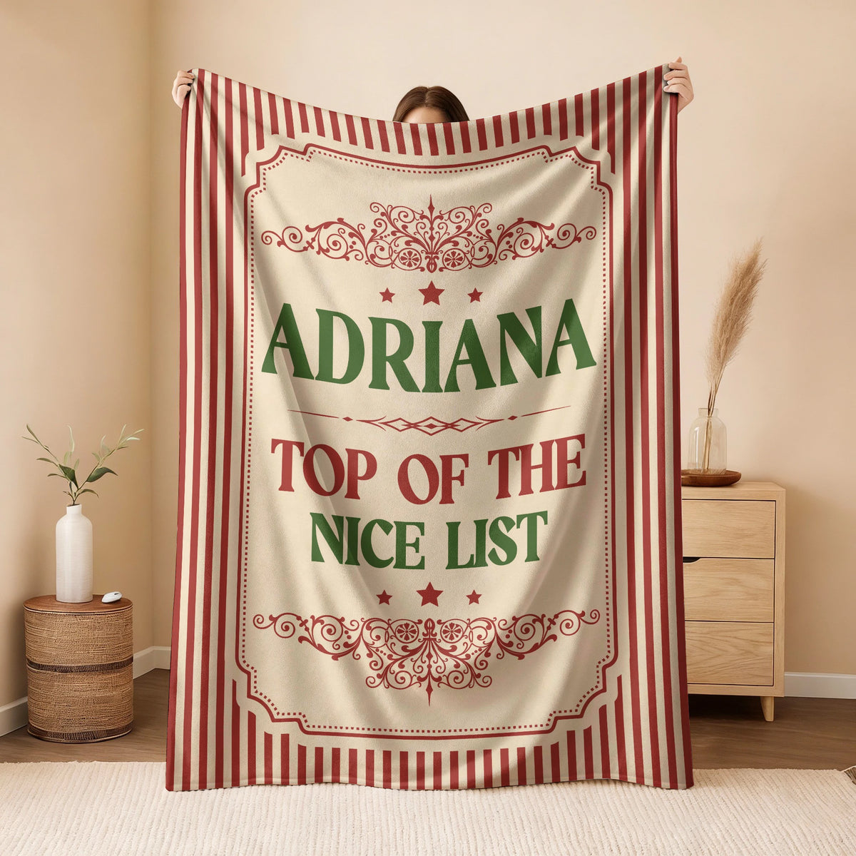 Your Name Nice List Red Striped Christmas Fleece Blanket ADRIANA 13K1 BK60