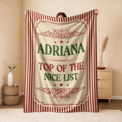 Your Name Nice List Red Striped Christmas Fleece Blanket ADRIANA 13K1 BK60
