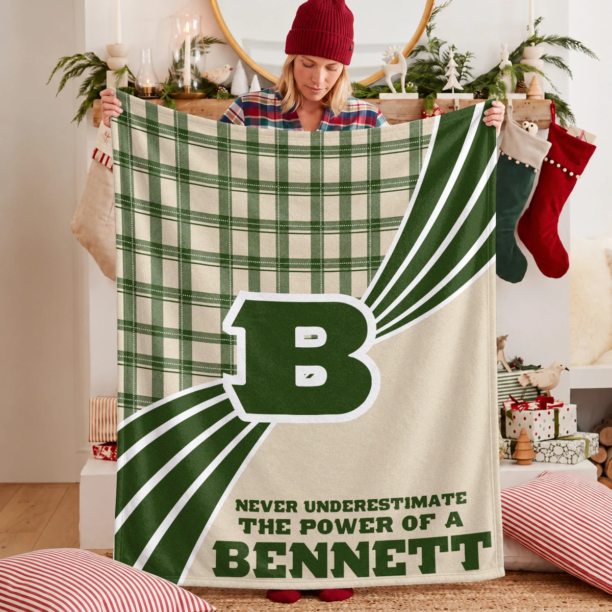 Never Underestimate Your Name Green & Cream Plaid Fleece Blanket BENNETT 13K1 BK50