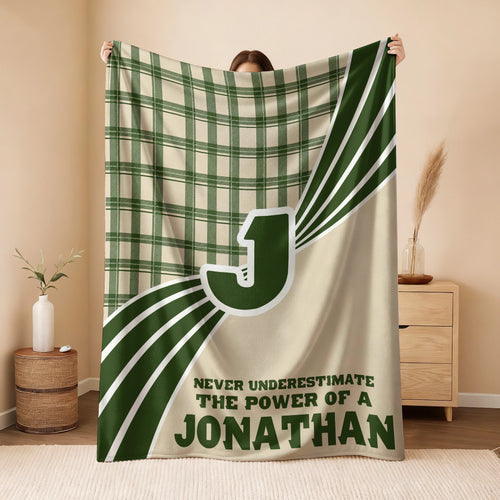 Never Underestimate Your Name Green & Cream Plaid Fleece Blanket JONATHAN 13K1 BK50