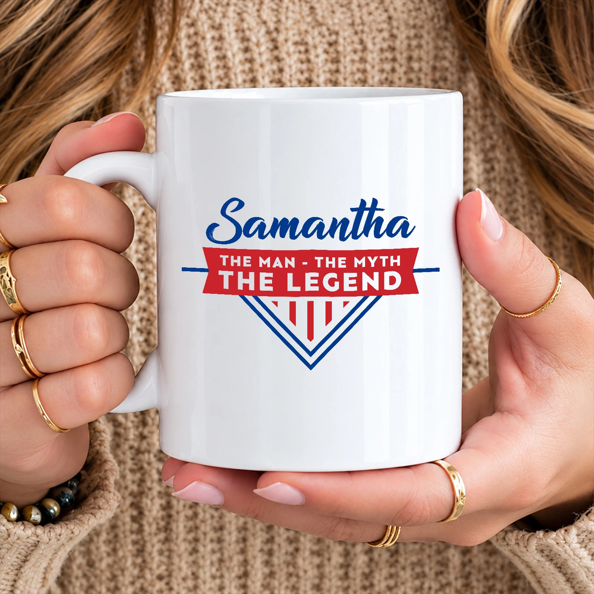 The Man The Myth The Legend Red And Blue Logo Mug SAMANTHA 13K1 MG34