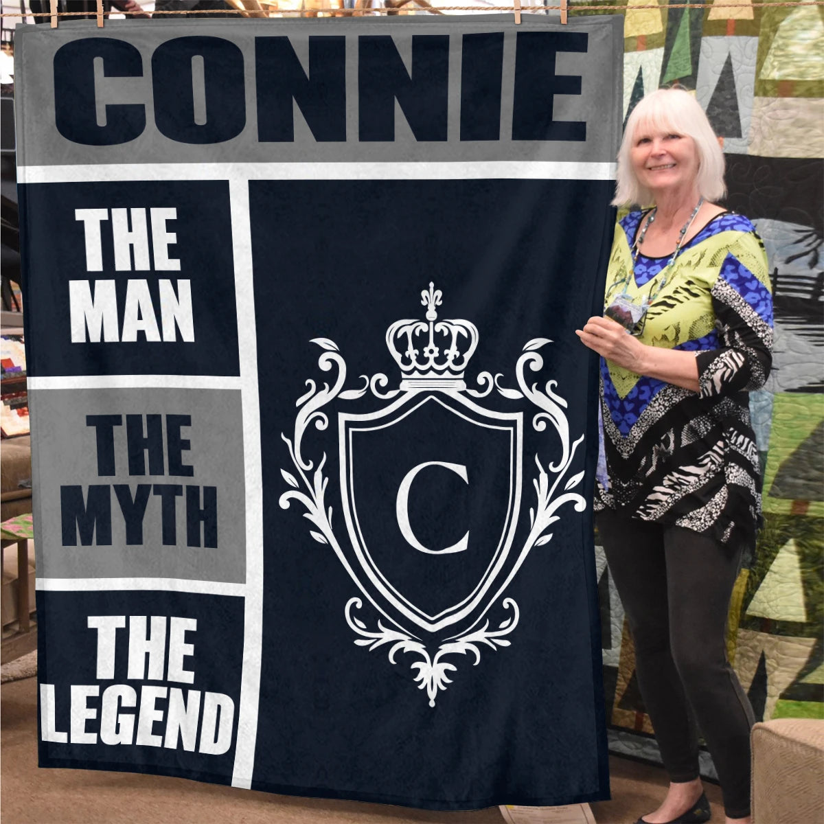 The Man The Myth The Legend Navy Gray & Gold Fleece Blanket  CONNIE 13K1 BK09