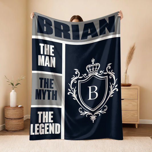 The Man The Myth The Legend Navy Gray & Gold Fleece Blanket  BRIAN 13K1 BK09