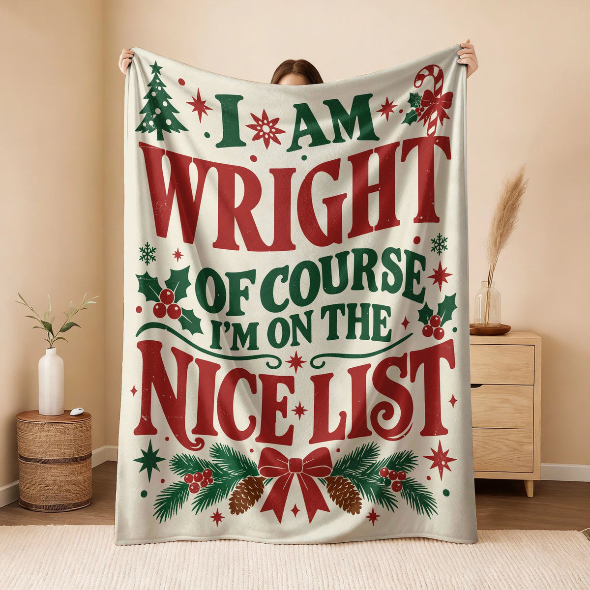 I'm Name Of Course I'm On The Nice List Cream Christmas Fleece Blanket WRIGHT 13K1 BK59