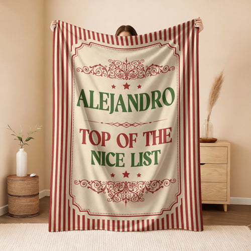 Your Name Nice List Red Striped Christmas Fleece Blanket ALEJANDRO 13K1 BK60