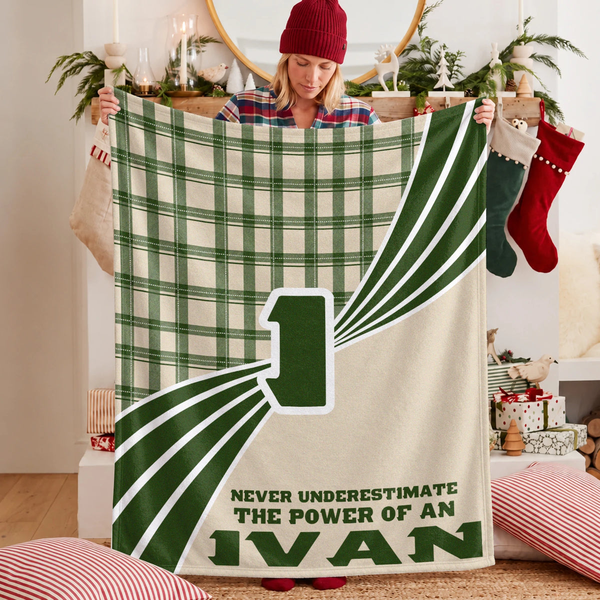 Never Underestimate Your Name Green & Cream Plaid Fleece Blanket IVAN 13K1 BK50
