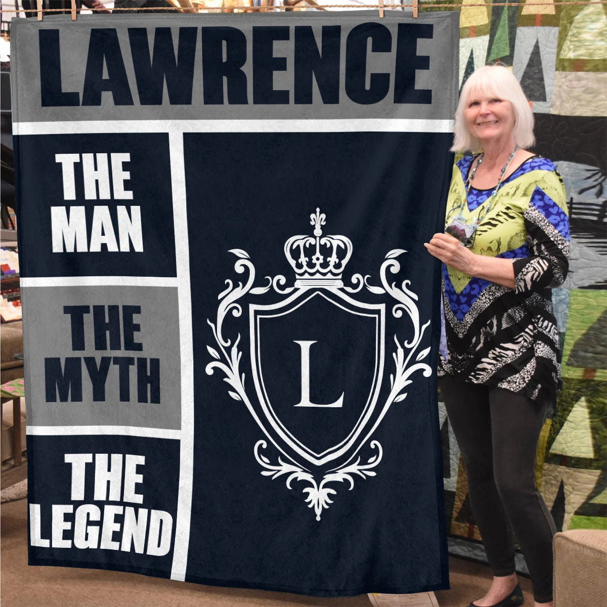 The Man The Myth The Legend Navy Gray & Gold Fleece Blanket  LAWRENCE 13K1 BK09