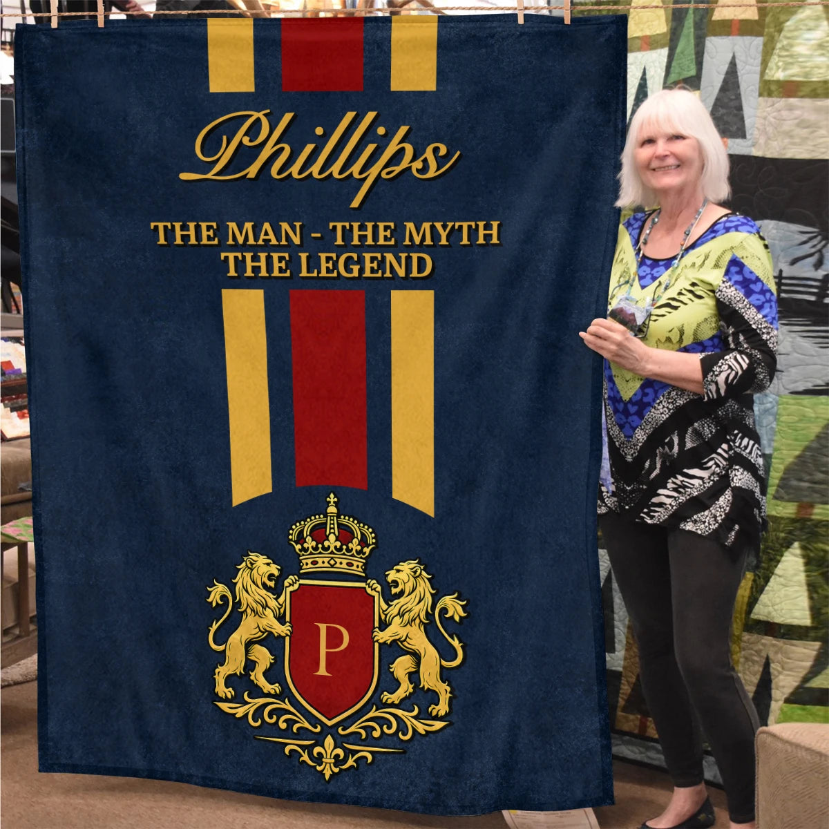 The Man The Myth The Legend Navy Striped Fleece Blanket PHILLIPS 13K1 BK16