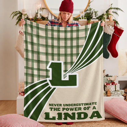 Never Underestimate Your Name Green & Cream Plaid Fleece Blanket LINDA 13K1 BK50