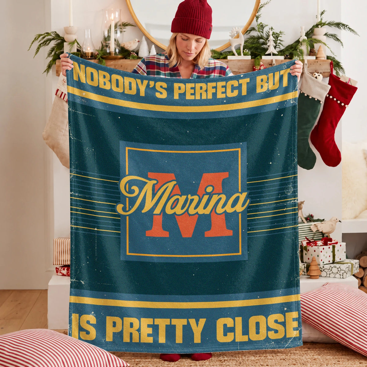 Nobody's Perfect But Your Name Is Close Vintage Blue & Brown Fleece Blanket MARINA 13K1 BK54