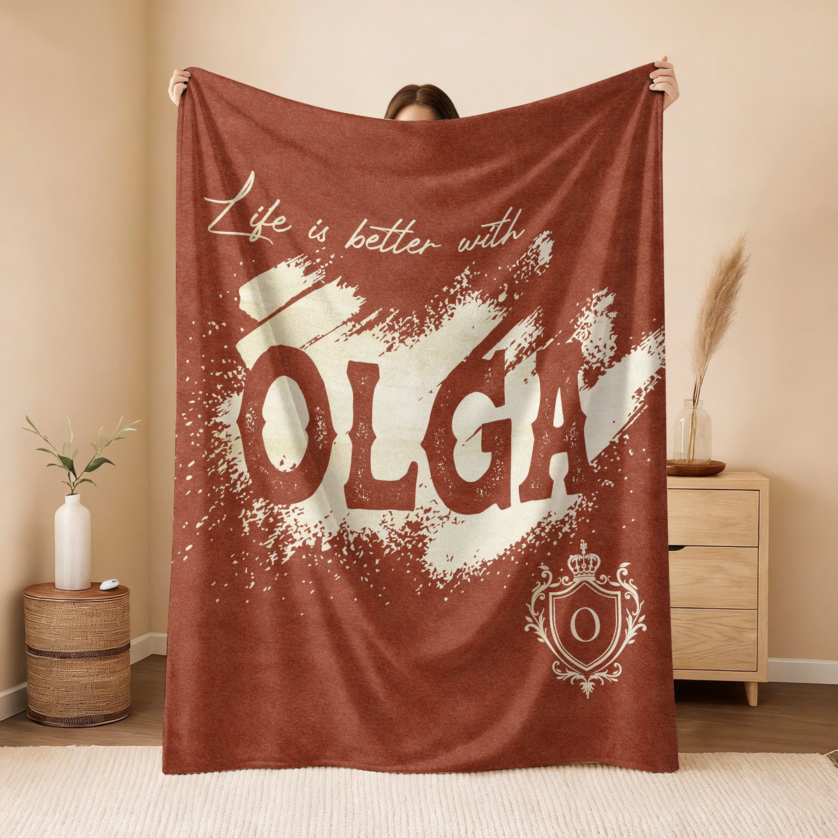 Life Is Better With Your Name Terracotta Cream Fleece Blanket OLGA 13K1 BK30