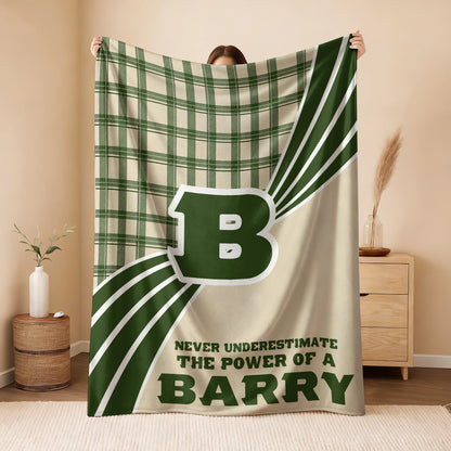 Never Underestimate Your Name Green & Cream Plaid Fleece Blanket BARRY 13K1 BK50