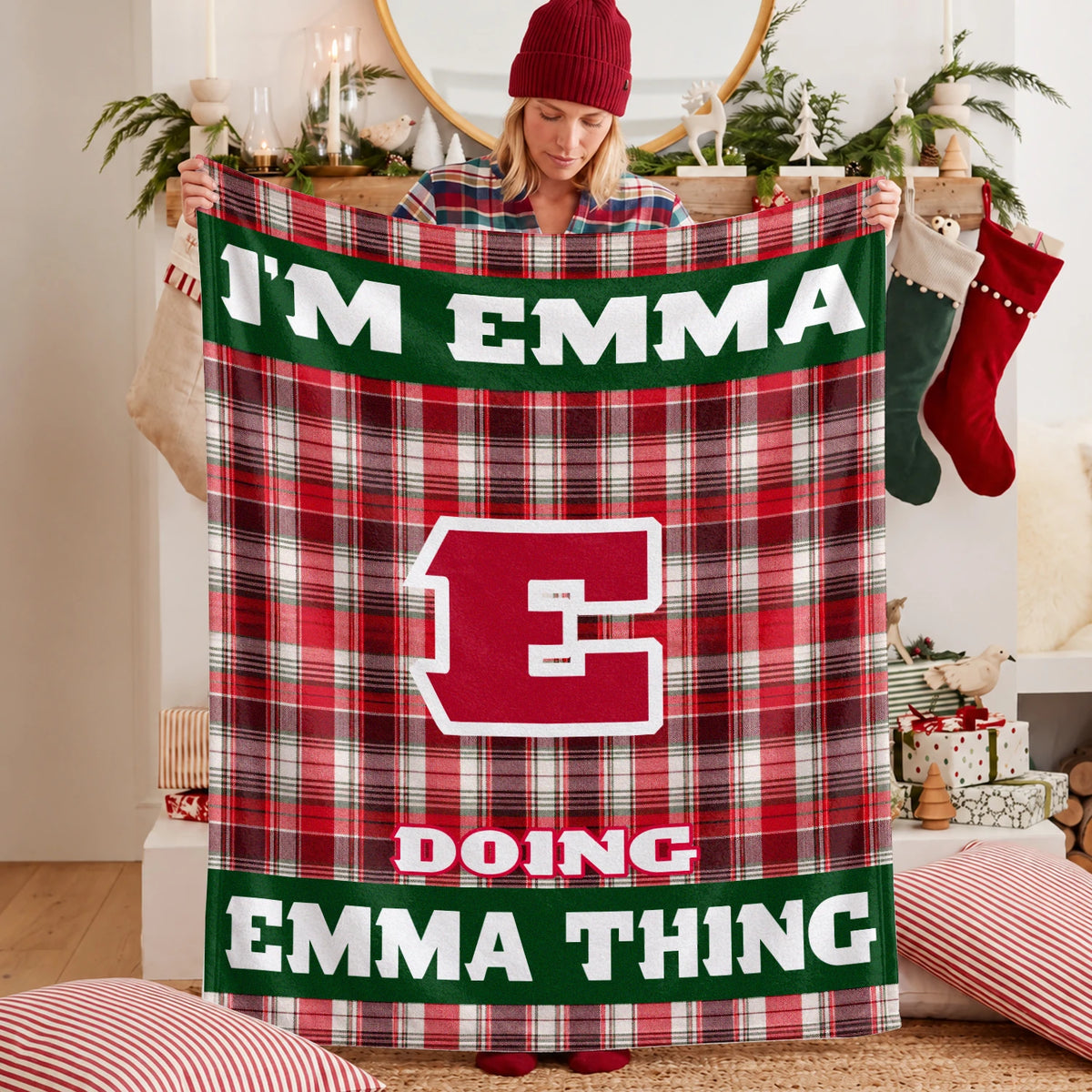 I'm Name Doing Name Things Red Plaid Fleece Blanket EMMA 13K1 BK49