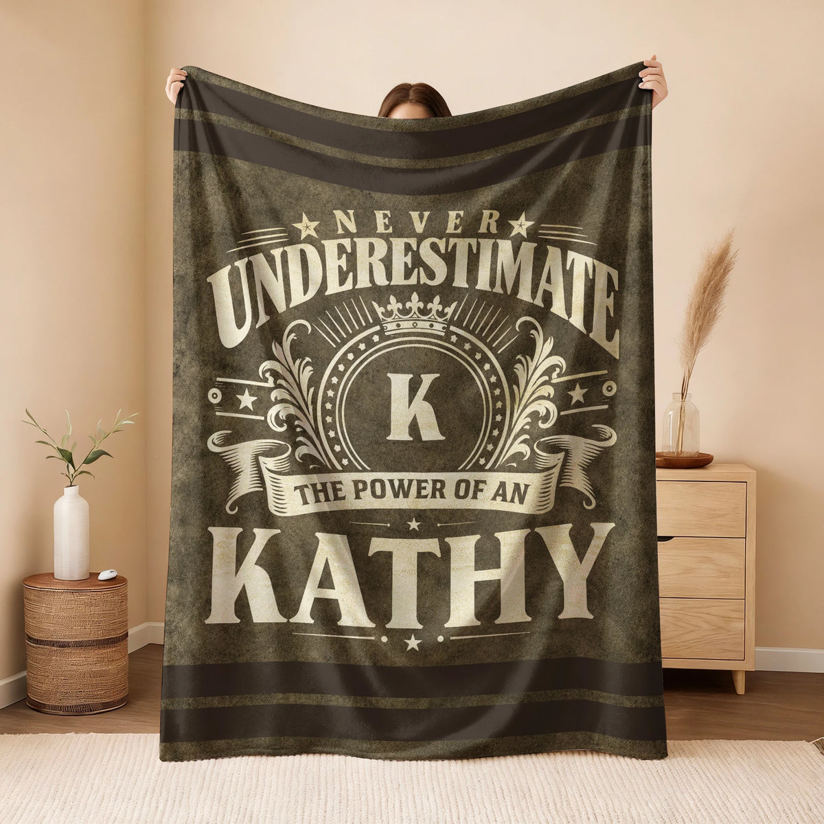Never Underestimate The Power Of A Name Olive Green Army Fleece Blanket KATHY 13K1 BK46