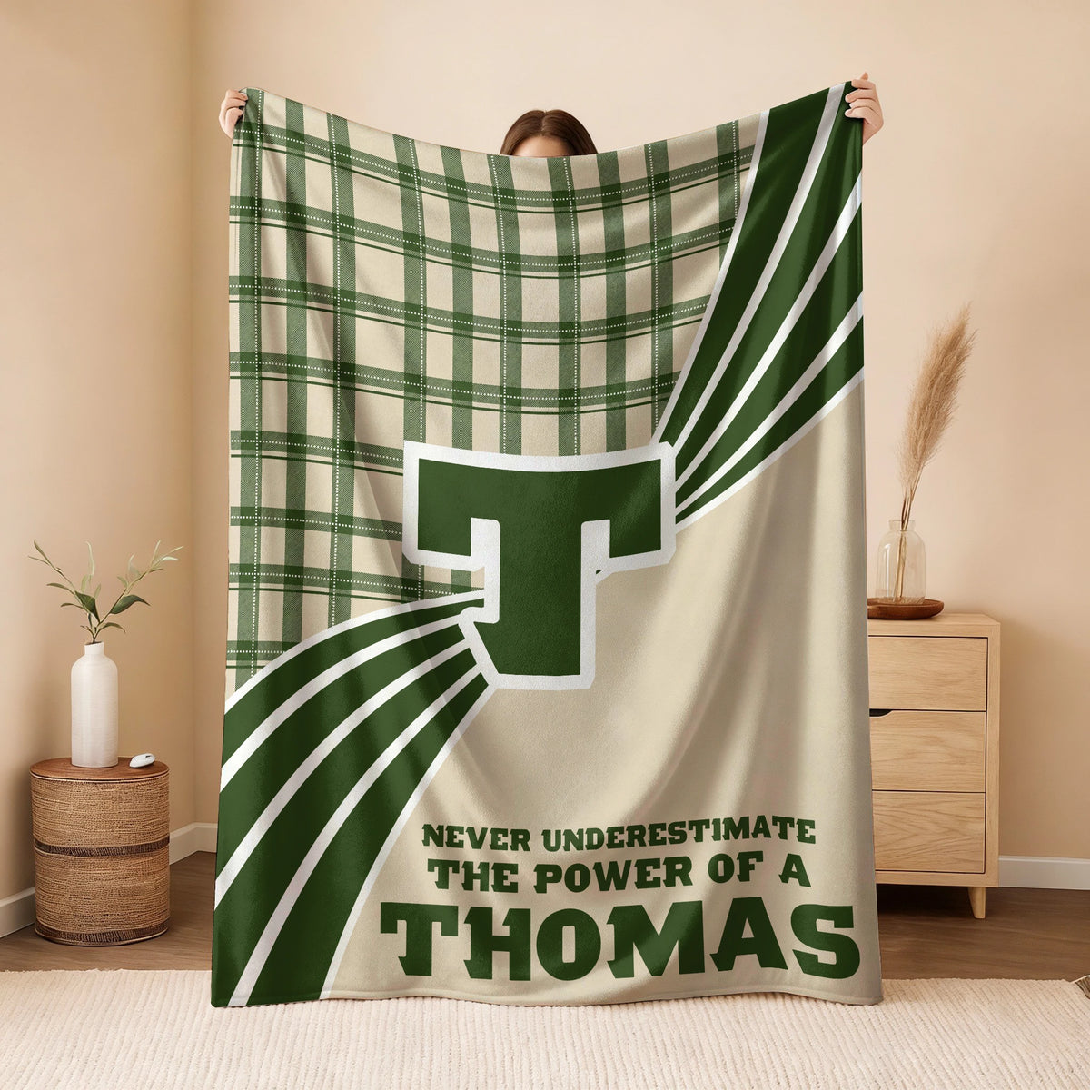 Never Underestimate Your Name Green & Cream Plaid Fleece Blanket THOMAS 13K1 BK50