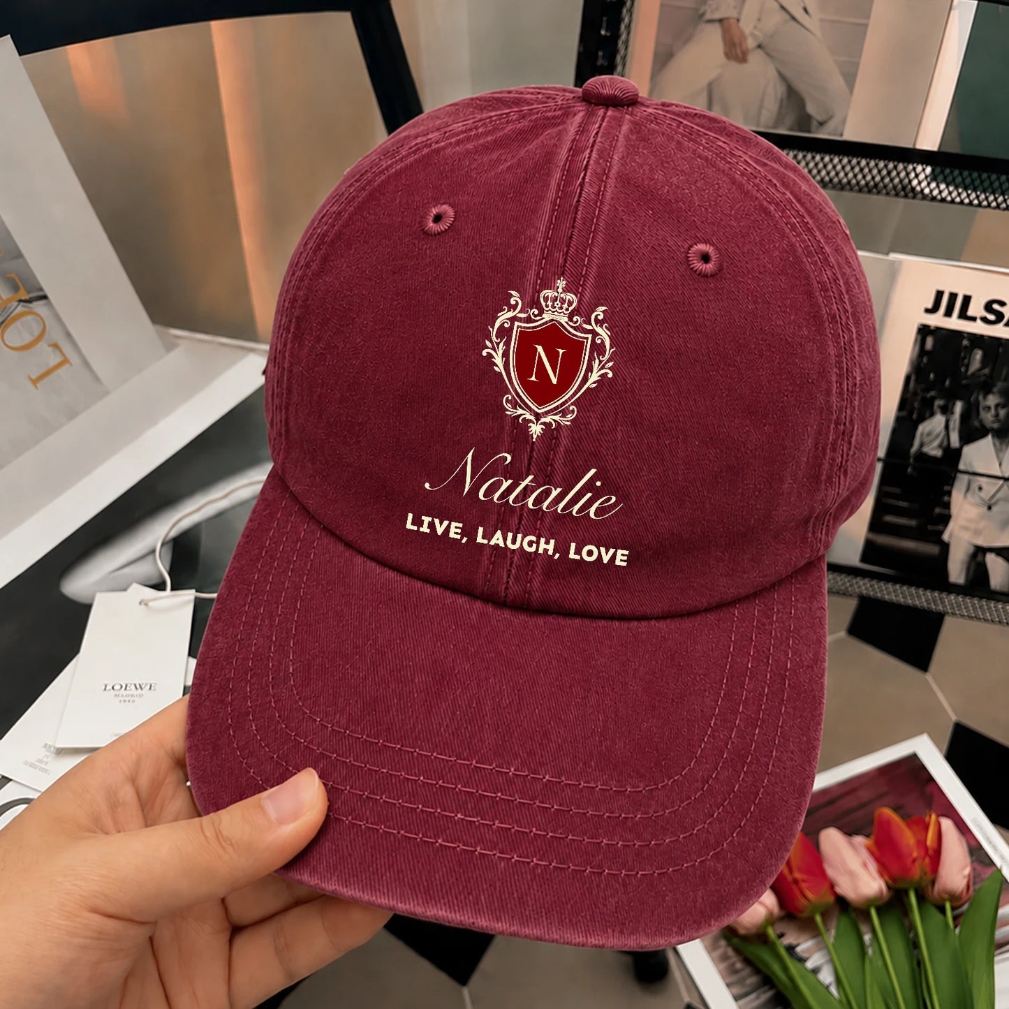 Live Laugh Love Elegant Burgundy Washed Cap NATALIE 13K1 C89PF