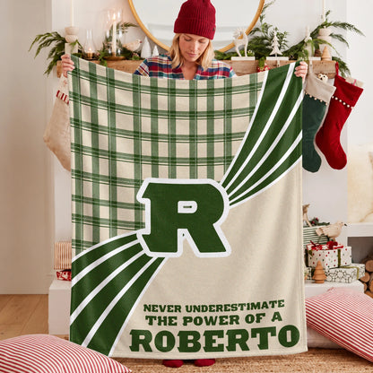 Never Underestimate Your Name Green & Cream Plaid Fleece Blanket ROBERTO 13K1 BK50