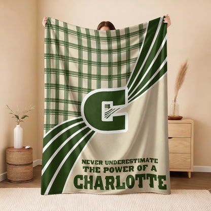 Never Underestimate Your Name Green & Cream Plaid Fleece Blanket CHARLOTTE 13K1 BK50