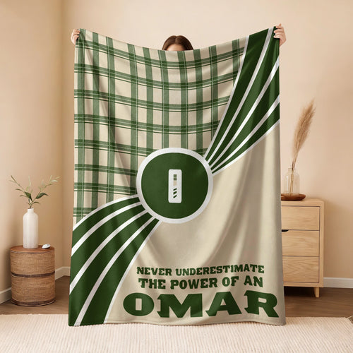 Never Underestimate Your Name Green & Cream Plaid Fleece Blanket OMAR 13K1 BK50