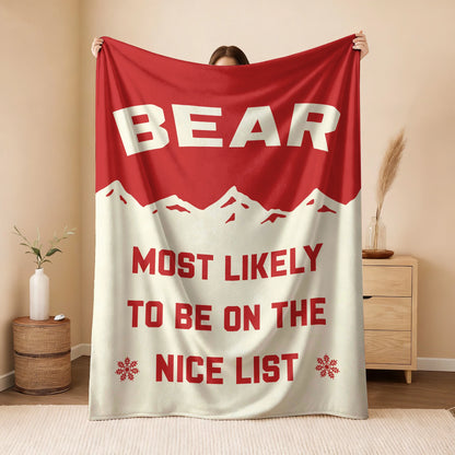Most Likely on the Nice List Red Vintage Christmas Fleece Blanket BEAR 13K1 BK63