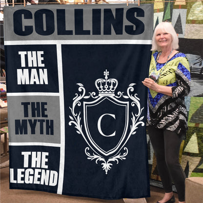 The Man The Myth The Legend Navy Gray & Gold Fleece Blanket  COLLINS 13K1 BK09