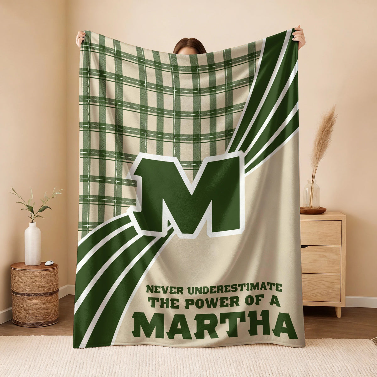 Never Underestimate Your Name Green & Cream Plaid Fleece Blanket MARTHA 13K1 BK50