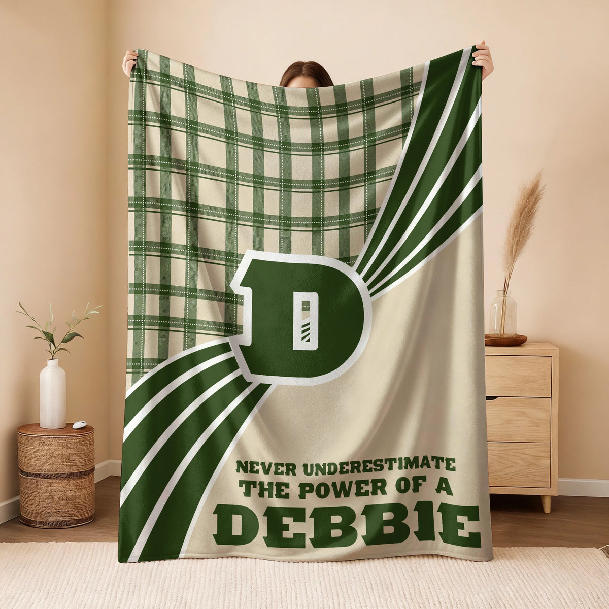 Never Underestimate Your Name Green & Cream Plaid Fleece Blanket DEBBIE 13K1 BK50