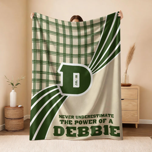 Never Underestimate Your Name Green & Cream Plaid Fleece Blanket DEBBIE 13K1 BK50