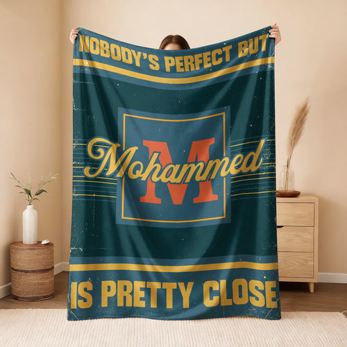 Nobody's Perfect But Your Name Is Close Vintage Blue & Brown Fleece Blanket MOHAMMED 13K1 BK54
