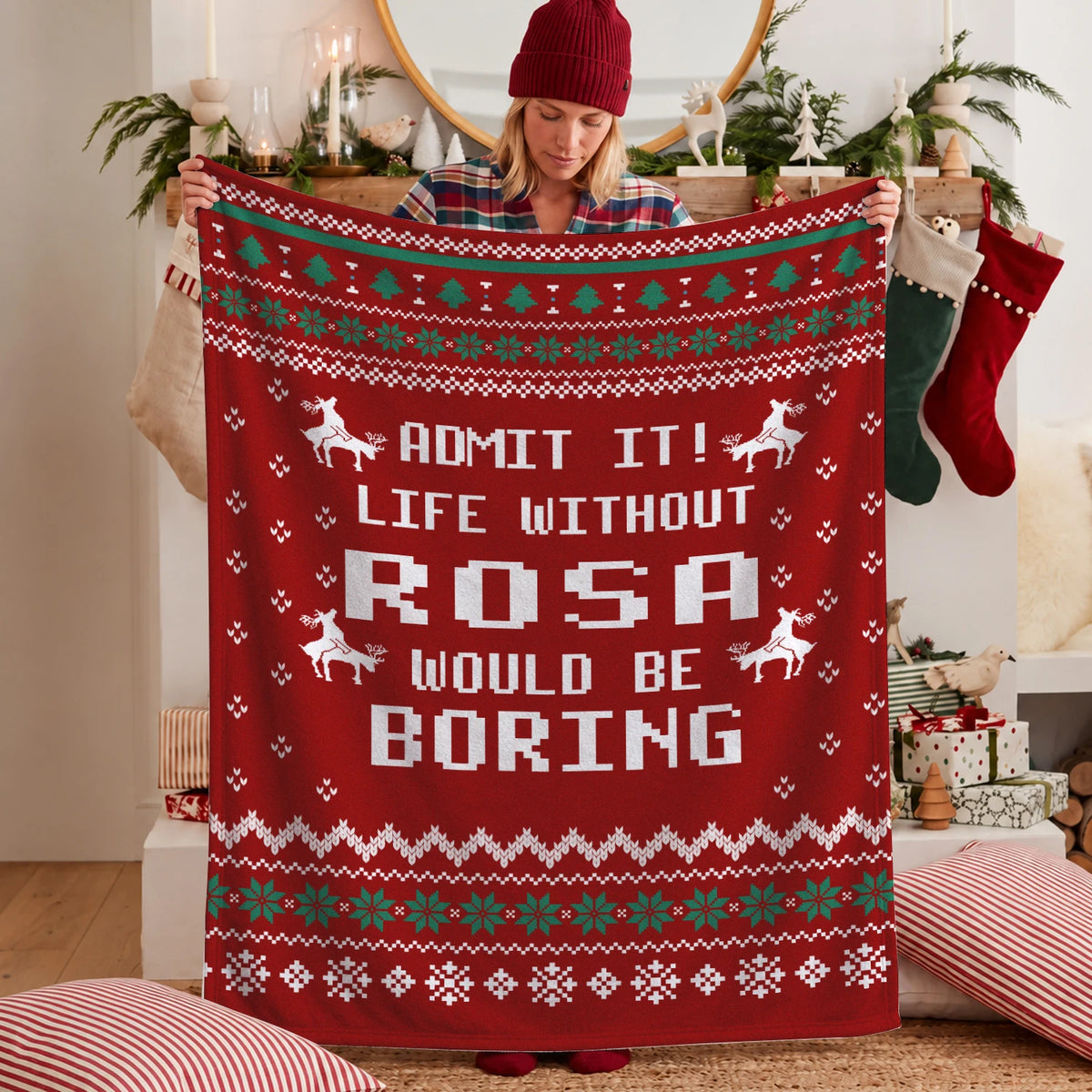 Life Without Your Name Would Be Boring Deer Red Christmas Blanket ROSA 13K1 BK25