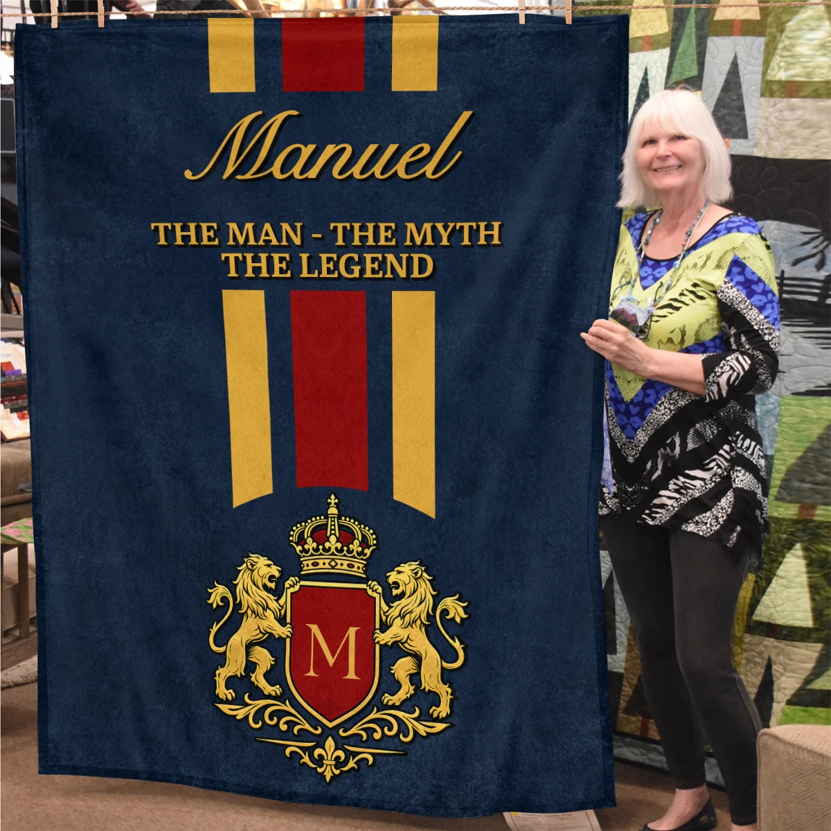 The Man The Myth The Legend Navy Striped Fleece Blanket MANUEL 13K1 BK16