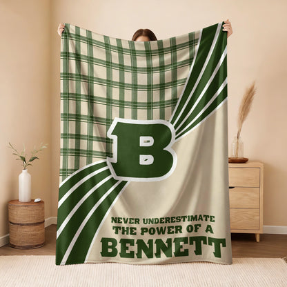 Never Underestimate Your Name Green & Cream Plaid Fleece Blanket BENNETT 13K1 BK50