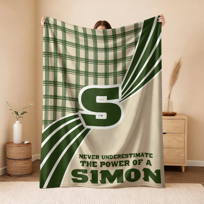 Never Underestimate Your Name Green & Cream Plaid Fleece Blanket SIMON 13K1 BK50