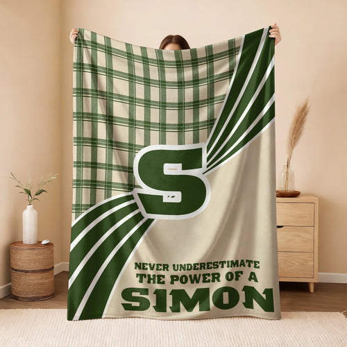 Never Underestimate Your Name Green & Cream Plaid Fleece Blanket SIMON 13K1 BK50