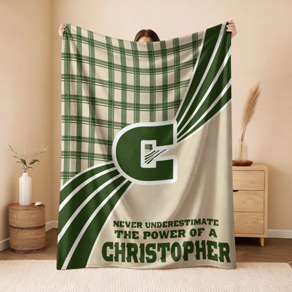Never Underestimate Your Name Green & Cream Plaid Fleece Blanket CHRISTOPHER 13K1 BK50