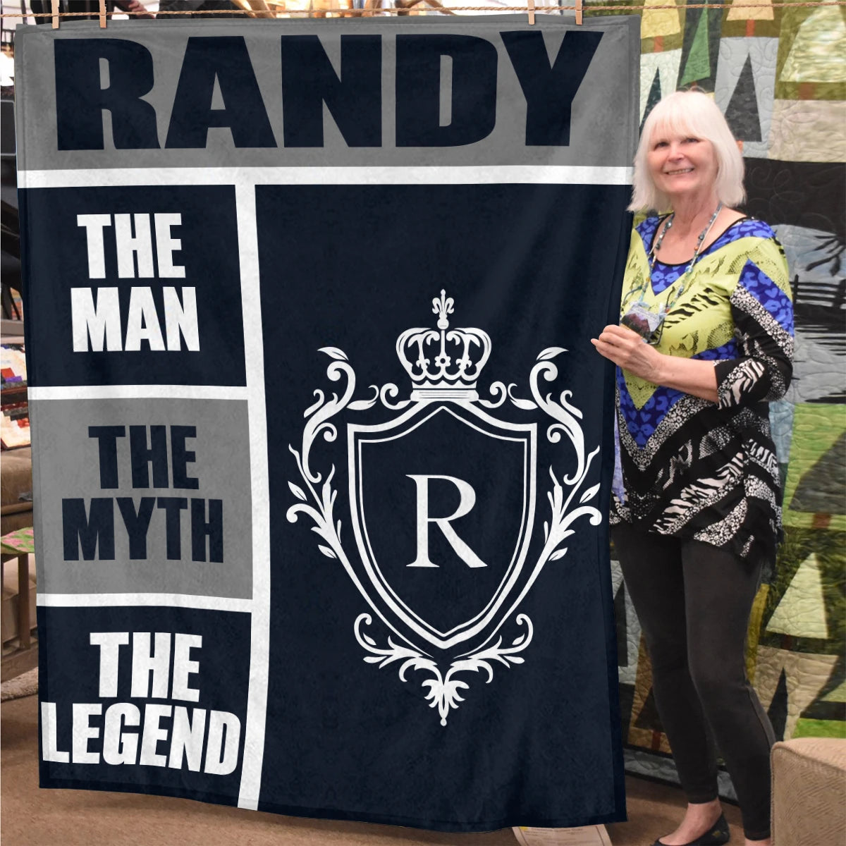 The Man The Myth The Legend Navy Gray & Gold Fleece Blanket  RANDY 13K1 BK09