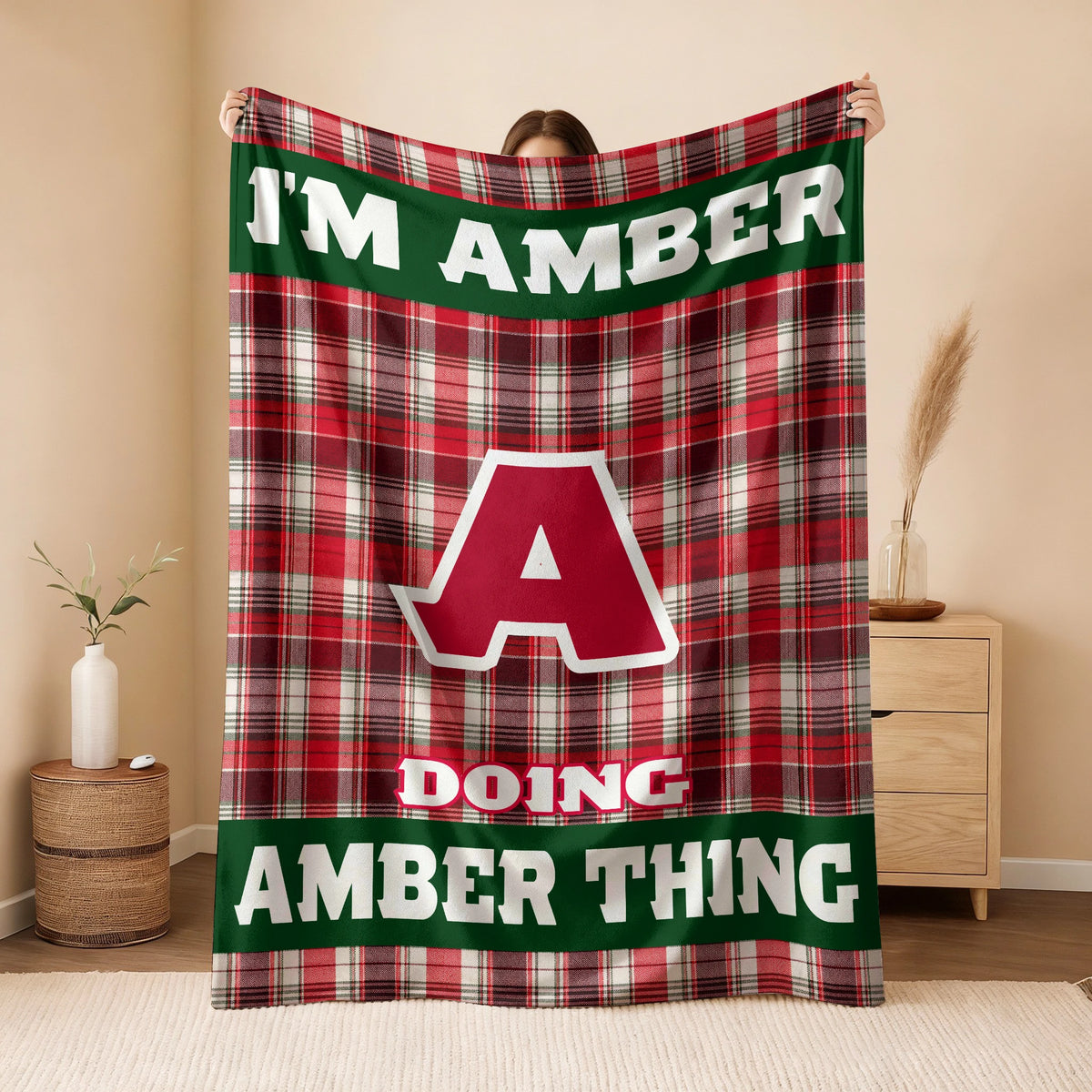 I'm Name Doing Name Things Red Plaid Fleece Blanket AMBER 13K1 BK49