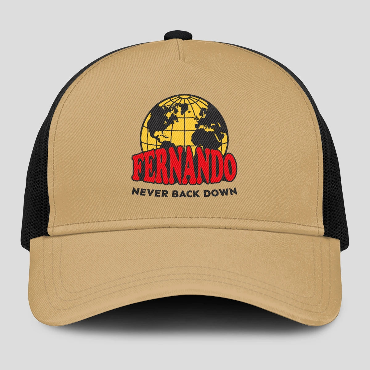 Never Back Down World Logo Khaki Mesh Cap FERNANDO 13K1 C212PF