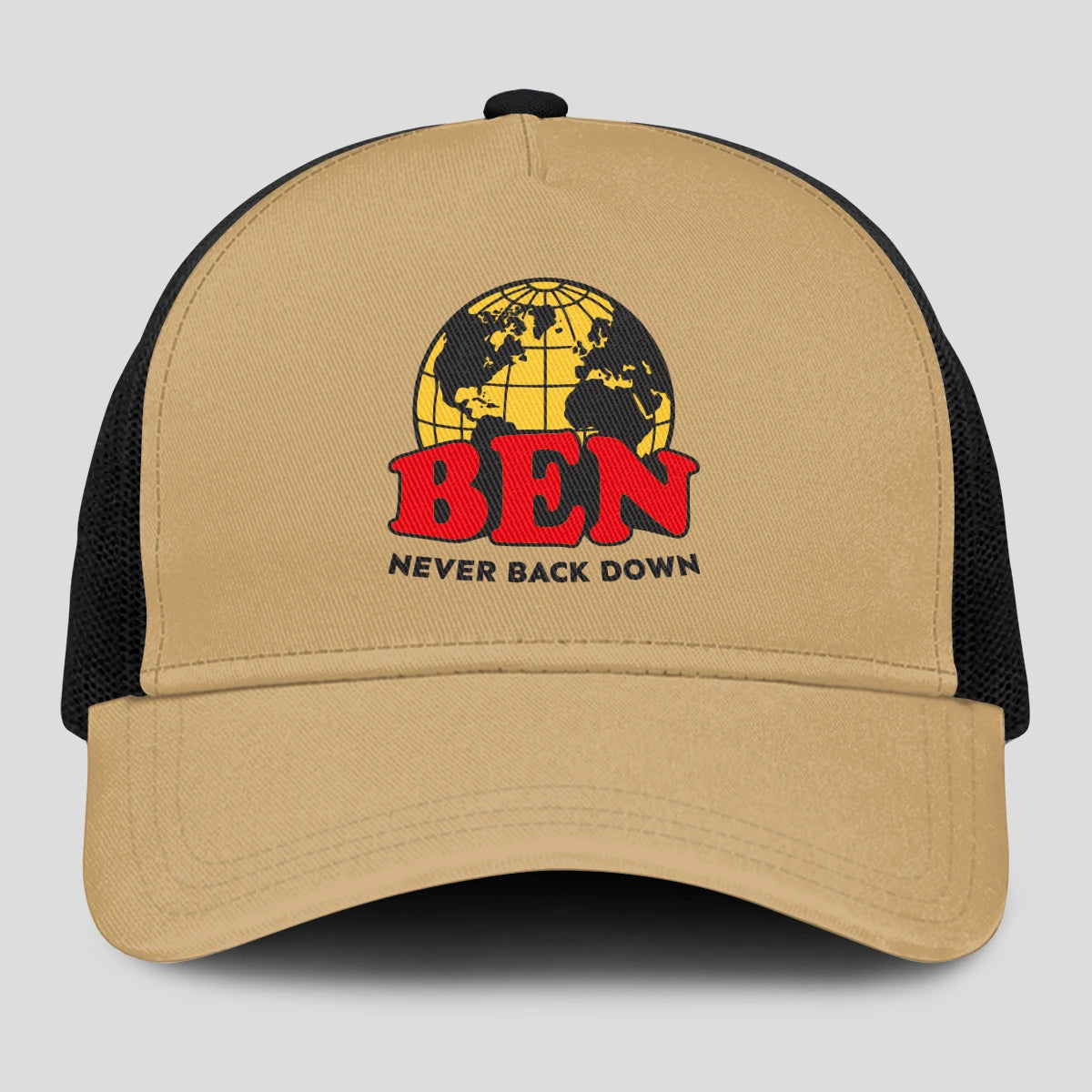 Never Back Down World Logo Khaki Mesh Cap BEN 13K1 C212PF