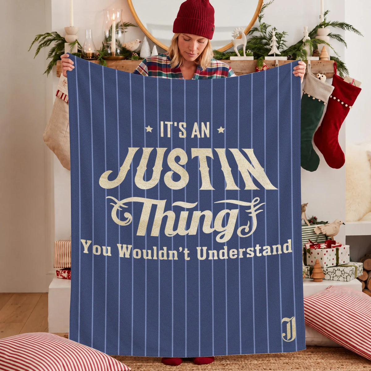 Your Name Thing Striped Blue Fleece Blanket JUSTIN 13K1 BK23