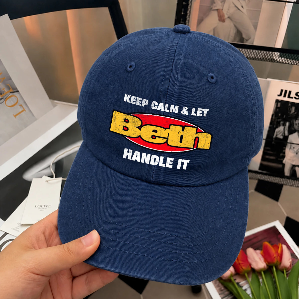 Keep Calm & Let Your Name Handle It Yellow And Red Logo Washed Cap BETH 13K1 C172PF