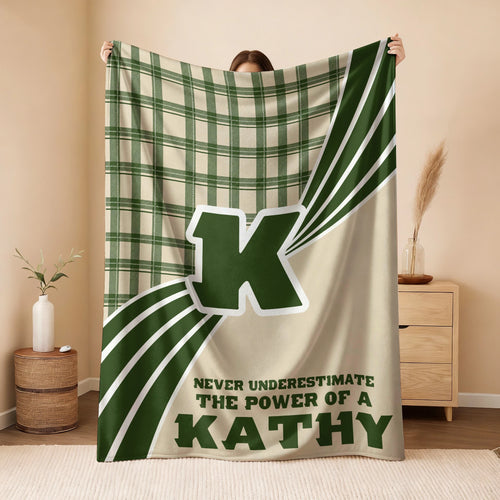 Never Underestimate Your Name Green & Cream Plaid Fleece Blanket KATHY 13K1 BK50