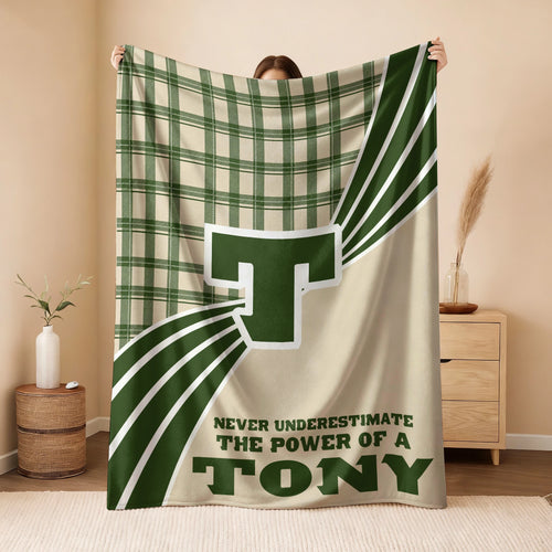 Never Underestimate Your Name Green & Cream Plaid Fleece Blanket TONY 13K1 BK50