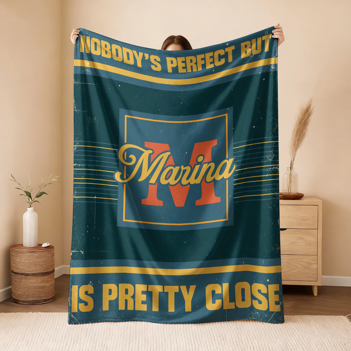 Nobody's Perfect But Your Name Is Close Vintage Blue & Brown Fleece Blanket MARINA 13K1 BK54
