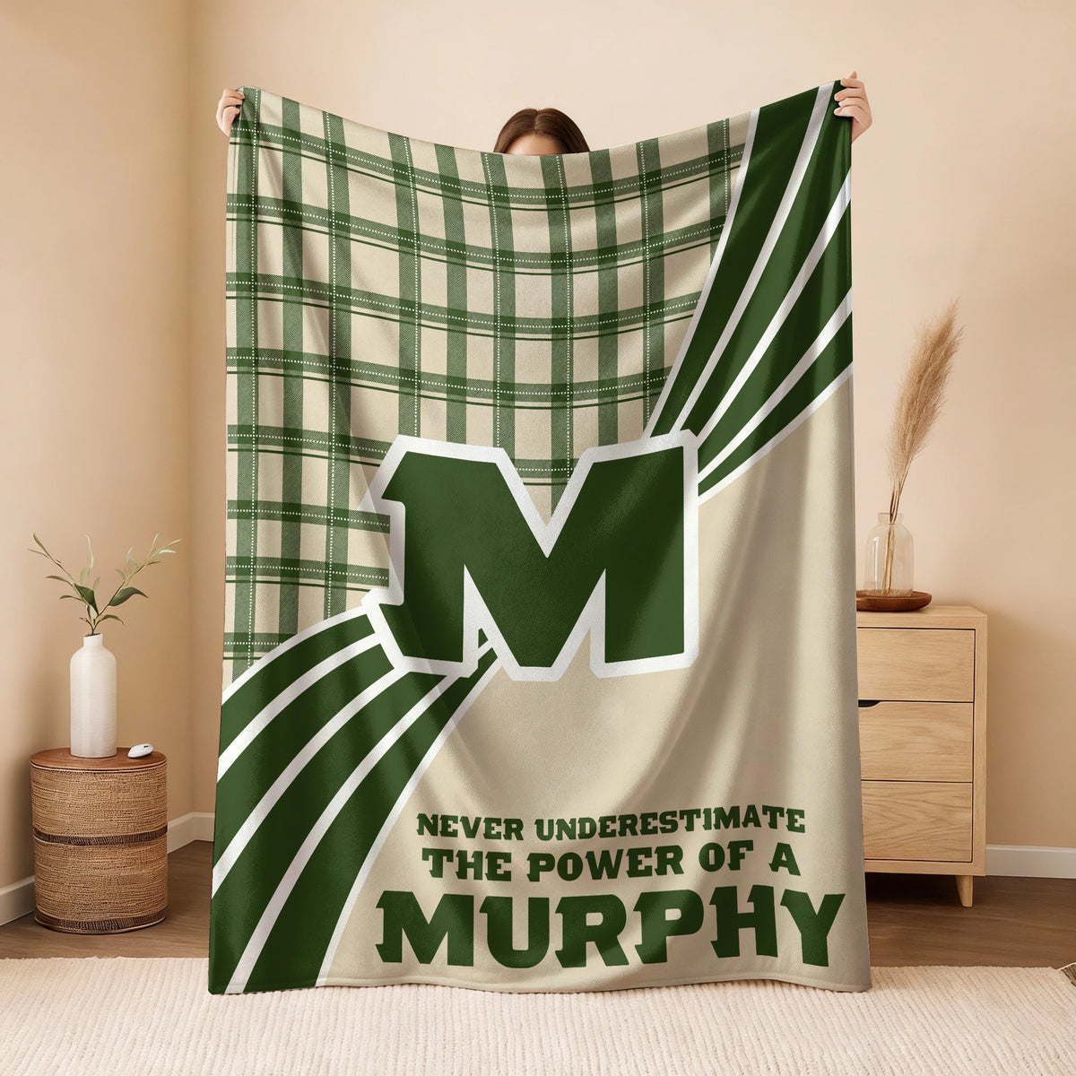 Never Underestimate Your Name Green & Cream Plaid Fleece Blanket MURPHY 13K1 BK50