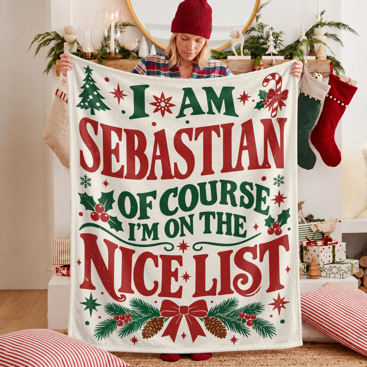 I'm Name Of Course I'm On The Nice List Cream Christmas Fleece Blanket SEBASTIAN 13K1 BK59