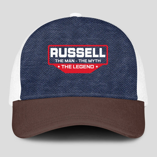 The Man The Myth The Legend Navy Brown And White Mesh Cap RUSSELL 13K1 C200PF