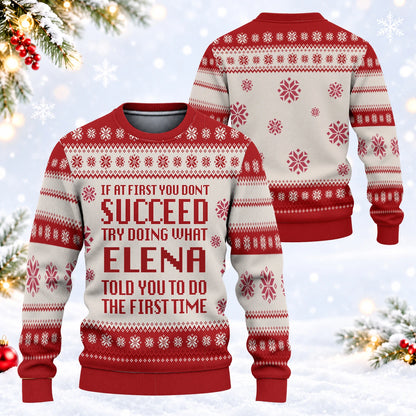 If At First You Don’t Succeed Red Cream Christmas Ugly Sweater ELENA 13K1 UG08