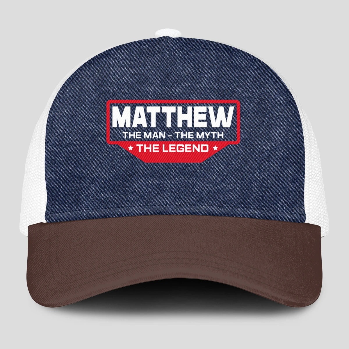 The Man The Myth The Legend Navy Brown And White Mesh Cap MATTHEW 13K1 C200PF