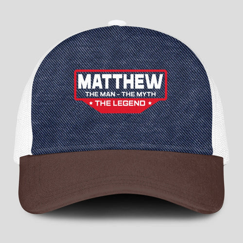 The Man The Myth The Legend Navy Brown And White Mesh Cap MATTHEW 13K1 C200PF